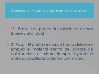 El proceso de inyección se puede resumir en cinco pasos:1°  Paso.- Las partes del molde se cierran (cierre del molde)2° Paso.- El pistón se mueve hacia delante y empuja el material dentro del cilindro de calefacción, al mismo tiempo, inyecta el material plastificado dentro del molde.