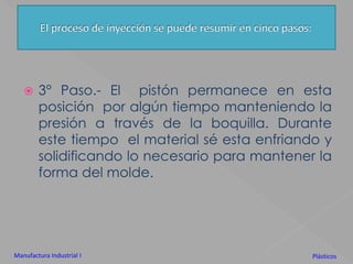 El proceso de inyección se puede resumir en cinco pasos:3° Paso.- El  pistón permanece en esta posición  por algún tiempo manteniendo la presión a través de la boquilla. Durante este tiempo  el material sé esta enfriando y solidificando lo necesario para mantener la forma del molde.Manufactura Industrial IPlásticos