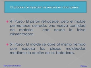 4° Paso.- El pistón retrocede, pero el molde permanece cerrado, una nueva cantidad de material  cae desde la tolva alimentadora.5° Paso.- El molde se abre al mismo tiempo que expulsa las piezas moldeadas mediante la acción de los botadores.El proceso de inyección se resume en cinco pasos:Manufactura Industrial IPlásticos
