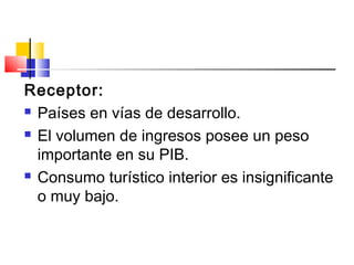 Receptor:
 Países en vías de desarrollo.
 El volumen de ingresos posee un peso
importante en su PIB.
 Consumo turístico interior es insignificante
o muy bajo.
 