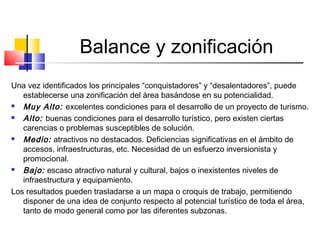 Balance y zonificación
Una vez identificados los principales “conquistadores” y “desalentadores”, puede
establecerse una zonificación del área basándose en su potencialidad.
 Muy Alto: excelentes condiciones para el desarrollo de un proyecto de turismo.
 Alto: buenas condiciones para el desarrollo turístico, pero existen ciertas
carencias o problemas susceptibles de solución.
 Medio: atractivos no destacados. Deficiencias significativas en el ámbito de
accesos, infraestructuras, etc. Necesidad de un esfuerzo inversionista y
promocional.
 Bajo: escaso atractivo natural y cultural, bajos o inexistentes niveles de
infraestructura y equipamiento.
Los resultados pueden trasladarse a un mapa o croquis de trabajo, permitiendo
disponer de una idea de conjunto respecto al potencial turístico de toda el área,
tanto de modo general como por las diferentes subzonas.
 