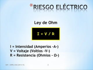 EMT - CBPRL-UCM (2014-15) 2
I = V / R
Ley de Ohm
I = Intensidad (Amperios –A-)
V = Voltaje (Voltios –V-)
R = Resistencia (Ohmios - Ω-)
 