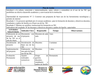 Plan de Acción
Introducir a la cultura, consciente e intencionalmente, sanos valores y costumbres en el uso de las TIC que
posibiliten un efectivo desarrollo académico y convivencial de la institución.
.
Oportunidad de mejoramiento N° 2: Construir una propuesta de buen uso de las herramientas tecnológicas y
portales de internet
Resultado 1: Un proyecto aprobado por el consejo académico para la formación de docentes y directivos docentes,
estudiantes y padres de familia en el buen uso de las TIC.
Resultado 2: Mínimo un semillero institucional de formación en TIC.
Indicadores del resultado: Nº de docentes y directivos docentes y padres de familia capacitados
   Actividades/
                      Indicador Clave     Responsable           Tiempo                   Observaciones
  Subactividades
Elaboración de un Documento con Docentes de cada 1mes
proyecto de uso el proyecto             aula
de las TIC en el
aula de clases.
Socialización del Socialización de Docentes                2 semanas
proyecto              buen uso de las
                      TIC
Implementación        Elaboración de Docentes              1 años
del proyecto          una guía de buen
                      uso de las TIC.
Evaluación            Ajustes           Grupo           de Permanente
Permanente            realizados      o gestión,
                      correctivos       docentes,
                                        estudiantes      y
                                        padres de familia
 