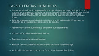 LAS SECUENCIAS DIDÀCTICAS.
 Las secuencias didácticas de enseñanza-aprendizaje o secuencias didácticas, son la
manera de encadenar y articular las diferentes actividades a lo largo de una unidad
didáctica. Estas pueden aportar pistas acerca de la función que tiene cada
actividad en la construcción de conocimientos. Y deben contener las siguientes
fases:
 Establecimiento compartido de los objetivos y actividades e identificaciones la
situación de la realidad que será objeto de estudio.
 Identificación de las cuestiones o problemas que se plantean.
 Construcción del esquema de actuación.
 Expresión exacta de estos esquemas.
 Revisión del conocimiento disponible para planificar su aprendizaje.
 Aplicación del esquema de actuación en situaciones reales distintas
 