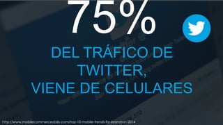 75%
DEL TRÁFICO DE
TWITTER,
VIENE DE CELULARES
http://www.mobilecommercedaily.com/top-10-mobile-trends-for-brands-in-2014

 