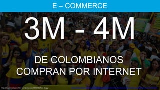 E – COMMERCE

3M - 4M
DE COLOMBIANOS
COMPRAN POR INTERNET
http://luismmostacero.files.wordpress.com/2010/08/foto-31.jpg

http://www.elespectador.com/tecnologia/comercio-electronico-crecio-un-40-colombia-durante-2013-articulo-465734

 