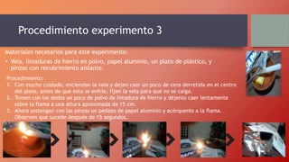 Procedimiento experimento 3
Materiales necesarios para este experimento:
• Vela, limaduras de hierro en polvo, papel aluminio, un plato de plástico, y
pinzas con recubrimiento aislante.
Procedimiento:
1. Con mucho cuidado, enciendan la vela y dejen caer un poco de cera derretida en el centro
del plato, antes de que esta se enfríe, fijen la vela para que no se caiga.
2. Tomen con los dedos un poco de polvo de limadura de hierro y déjenlo caer lentamente
sobre la flama a una altura aproximada de 15 cm.
3. Ahora sostengan con las pinzas un pedazo de papel aluminio y acérquenlo a la flama.
Observen que sucede después de 15 segundos.
 