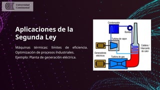 Aplicaciones de la
Segunda Ley
Máquinas térmicas: límites de eficiencia.
Optimización de procesos industriales.
Ejemplo: Planta de generación eléctrica.
 