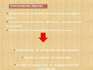Representar el contenido del documento Ayudar a realizar la indización Ayudar al usuario en la recuperación de información Normalización del vocabulario: Sinonimia, polisemia, género y número. Inducción: Varias alternativas. Referencias  cruzadas a través de relaciones. Representación: Correspondencia términos-conceptos 