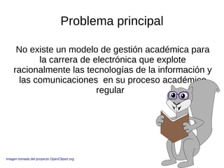 Problema principal

     No existe un modelo de gestión académica para
          la carrera de electrónica que explote
   ...
