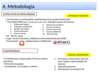 4. Metodología4. Metodología
ENTREVISTAS EN PROFUNDIDAD
• 10 entrevistas en profundidad a participantes de los grupos de discusión
• “The Mobile Difference” (PewResearchCenter, 2009): Tipología usuarios de Internet
1. Colaborador digital
2. Trabajador ambivalente
3. Agitador de medios
4. Usuario itinerante
5. Usuario novato
• 30 – 40 min. aprox.
• Lugar: Centros Educativos y Biblioteca Universidad de Deusto (CRAI)
• Transcripción Categorización y Codificación
CUESTIONARIOS
• 9 cuestionarios a responsables TIC de los centros
educativos
• Formulario de google
• 16 preguntas: 15 cerradas y 1 abierta
6. Veterano de escritorio
7. Usuario a la deriva
8. Usuario abrumado
9. Usuario indiferente
10. Desconectado
CRITERIOS DE SELECCIÓN
BLOQUES CUESTIONARIOS
1. Formación e información sobre los
usos, riesgos y oportunidades de
Internet
2. Valoración personal
3. Participación en proyectos TIC
 