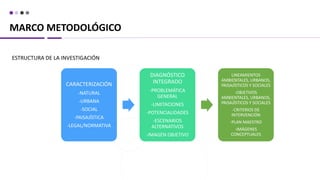 MARCO METODOLÓGICO
ESTRUCTURA DE LA INVESTIGACIÓN
CARACTERIZACIÓN
-NATURAL
-URBANA
-SOCIAL
-PAISAJÍSTICA
-LEGAL/NORMATIVA
DIAGNÓSTICO
INTEGRADO
-PROBLEMÁTICA
GENERAL
-LIMITACIONES
-POTENCIALIDADES
-ESCENARIOS
ALTERNATIVOS
-IMAGEN OBJETIVO
LINEAMIENTOS
AMBIENTALES, URBANOS,
PAISAJÍSTICOS Y SOCIALES
-OBJETIVOS
AMBIENTALES, URBANOS,
PAISAJÍSTICOS Y SOCIALES
-CRITERIOS DE
INTERVENCIÓN
-PLAN MAESTRO
-IMÁGENES
CONCEPTUALES
 