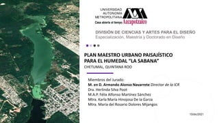 PLAN MAESTRO URBANO PAISAJÍSTICO
PARA EL HUMEDAL “LA SABANA”
CHETUMAL, QUINTANA ROO
DIVISIÓN DE CIENCIAS Y ARTES PARA EL DISEÑO
Especialización, Maestría y Doctorado en Diseño
Miembros del Jurado:
M. en D. Armando Alonso Navarrete Director de la ICR
Dra. Herlinda Silva Poot
M.A.P. Félix Alfonso Martínez Sánchez
Mtra. Karla María Hinojosa De la Garza
Mtra. María del Rosario Dolores Mijangos
15/dic/2021
 
