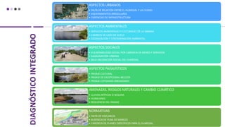 DIAGNÓSTICO
INTEGRADO
ASPECTOS URBANOS
• FALTA DE RELACIÓN ENTRE EL HUMEDAL Y LA CIUDAD
• ASENTAMIENTOS IRREGULARES
• CARENCIAS DE INFRAESTRUCTURA
ASPECTOS AMBIENTALES
• SERVICIOS AMBIENTALES Y CULTURALES DE LA SABANA
• CAMBIOS DE USOS DE SUELO
• DEGRADACIÓN Y CONTAMINACIÓN AMBIENTAL
ASPECTOS SOCIALES
• VULNERABILIDAD SOCIAL POR CARENCIA DE BIENES Y SERVICIOS
• MARGINACIÓN URBANA
• BAJA VALORACIÓN SOCIAL DEL HUMEDAL
ASPECTOS PAISAJÍSTICOS
• PAISAJE CULTURAL
• PAISAJE DE EXCEPCIONAL BELLEZA
• PAISAJE COTIDIANO DREGADADO
AMENAZAS, RIESGOS NATURALES Y CAMBIO CLIMÁTICO
• LLUVIAS ATÍPICAS O SEQUÍAS
• HURACANES
• RESILIENCIA DEL PAISAJE
NORMATIVAS
• FALTA DE VIGILANCIA
• AUSENCIA DE PLAN DE MANEJO
• CARENCIA DE PLANES ESPECÍFICOS PARA EL HUMEDAL
 