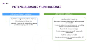 POTENCIALIDADES Y LIMITACIONES
POTENCIALIDADES URBANAS
Vialidades que generan ventanas al paisaje
Infraestructura en desarrollo
Interés de Proyectos de Desarrollo en la zona
vertidos en la propuesta del PDU
LIMITANTES URBANAS
Asentamientos irregulares
Estructura urbana incoherente con la forma natural
del humedal
Presencia de caminos que atraviesan el humedal y
afectan su funcionamiento natural
Ausencia de drenaje municipal
Vertido de aguas provenientes de la planta de
tratamiento
Rellenos sobre el humedal
Asentamientos humanos en zonas inundables del
humedal
 