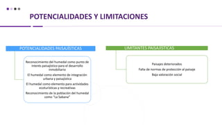 POTENCIALIDADES Y LIMITACIONES
POTENCIALIDADES PAISAJÍSTICAS
Reconocimiento del humedal como punto de
interés paisajístico para el desarrollo
inmobiliario
El humedal como elemento de integración
urbana y paisajística
El humedal como elemento para actividades
ecoturísticas y recreativas
Reconocimiento de la población del humedal
como “La Sabana”
LIMITANTES PAISAJÍSTICAS
Paisajes deteriorados
Falta de normas de protección al paisaje
Baja valoración social
 