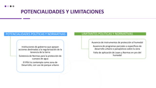 POTENCIALIDADES Y LIMITACIONES
POTENCIALIDADES POLÍTICAS Y NORMATIVAS
Instituciones de gobierno que apoyan
acciones destinadas a la regularización de la
tenencia de la tierra
Existencia de Normas para la protección de
cuerpos de agua
El PDU lo contempla como zona de
Desarrollo, con uso de parque urbano
LIMITANTES POLITICAS Y NORMATIVAS
Ausencia de instrumentos de protección al humedal
Ausencia de programas parciales o específicos de
desarrollo urbano o paisajísticos sobre la zona
Falta de aplicación de Leyes y Normas en pro del
humedal
 