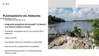 PLANTEAMIENTO DEL PROBLEMA
• El problema a atender es la
• integración paisajística del humedal “La Sabana”
a su entorno urbano y natural,
• actividades compatibles para el uso y disfrute de la
población.
• sistema natural
• necesidades urbanas de movilidad y conectividad
• áreas de recreo y equipamientos compatibles
• diseño del paisaje acorde a su realidad territorial,
urbana y social.
 