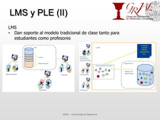LMS y PLE (II)
LMS
• Dan soporte al modelo tradicional de clase tanto para
  estudiantes como profesores




             ...