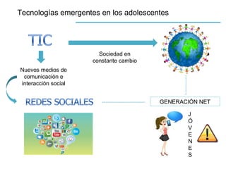 Tecnologías emergentes en los adolescentes
Sociedad en
constante cambio
Nuevos medios de
comunicación e
interacción social
GENERACIÓN NET
J
Ó
V
E
N
E
S
 