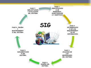 PASO 1.
IDENTIFICACIO
N DE
PROBLEMAS,
OPORTUNIDADE
S Y OBJETIVOS
PASO 2.
DETERMINACIO
N DE LOS
REQUERIMIENT
OS DE
INFORMACION
PASO 3.
ANALISIS DE
LAS
NECESIDADES
DEL SISTEMA
PASO 4.
DISEÑO DEL
SISTEMA.
PASO 5.
DOCUMENTACIO
N DEL
SISTEMA.
PASO 6. PRUEBA
Y
MANTENIMIENT
O DEL SISTEMA
PASO 7.
IMPLANTACION
Y EVALUACION
DEL SISTEMA
SIG
 