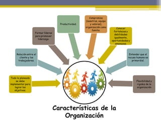 Todo lo planeado
se debe
implementar para
lograr los
objetivos.
Relación entre el
cliente y los
trabajadores.
Formar líderes
para promover
liderazgo.
Productividad.
Compromiso
(nosotros, equipo
y valores),
organización como
familia.
Conocer
fortalezas y
debilidades
igualmente,
oportunidades y
amenazas.
Entender que el
recuso humano es
primordial.
Flexibilidad y
rigidez de la
organización
Características de la
Organización
 