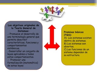 Premisas básicas
(TGS):
A) Los sistemas existen
dentro de sistemas.
B) Los sistemas son
abiertos.
C) Las funciones de un
sistema dependen de
su estructura.
Los objetivos originales de
la Teoría General de
Sistemas:
.- Promueve el desarrollo de
una terminología general que
permita describir
características, funciones y
comportamientos
sistémicos.
.-Desarrollar un conjunto de
leyes aplicables a todos
estos comportamientos.
.- Promover una
formalización (matemática)
de estas leyes
 