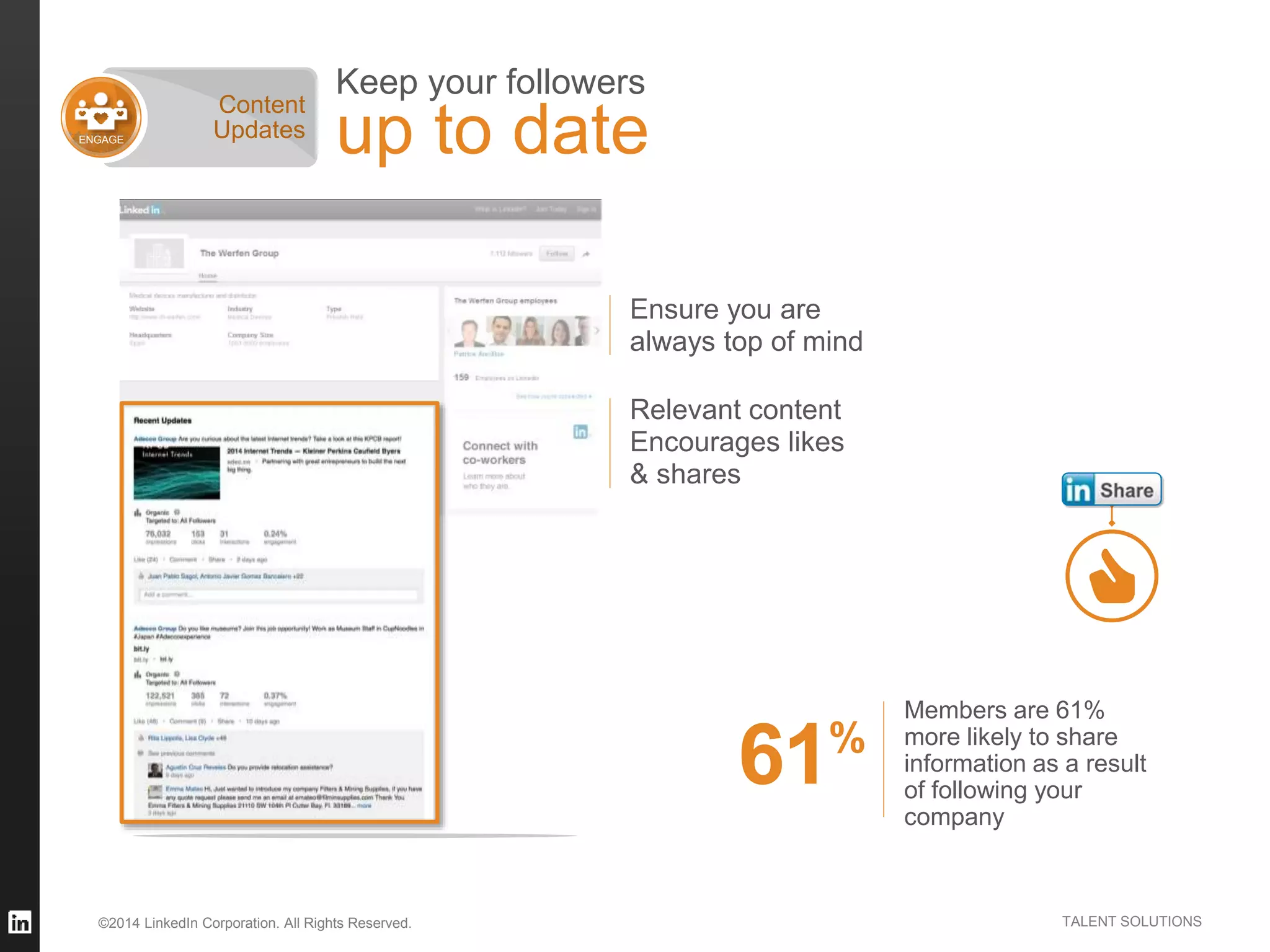 ©2014 LinkedIn Corporation. All Rights Reserved. TALENT SOLUTIONS
Keep your followers
up to date
Ensure you are
always top of mind
Relevant content
Encourages likes
& shares
ENGAGE
Content
Updates
Members are 61%
more likely to share
information as a result
of following your
company
61%
 