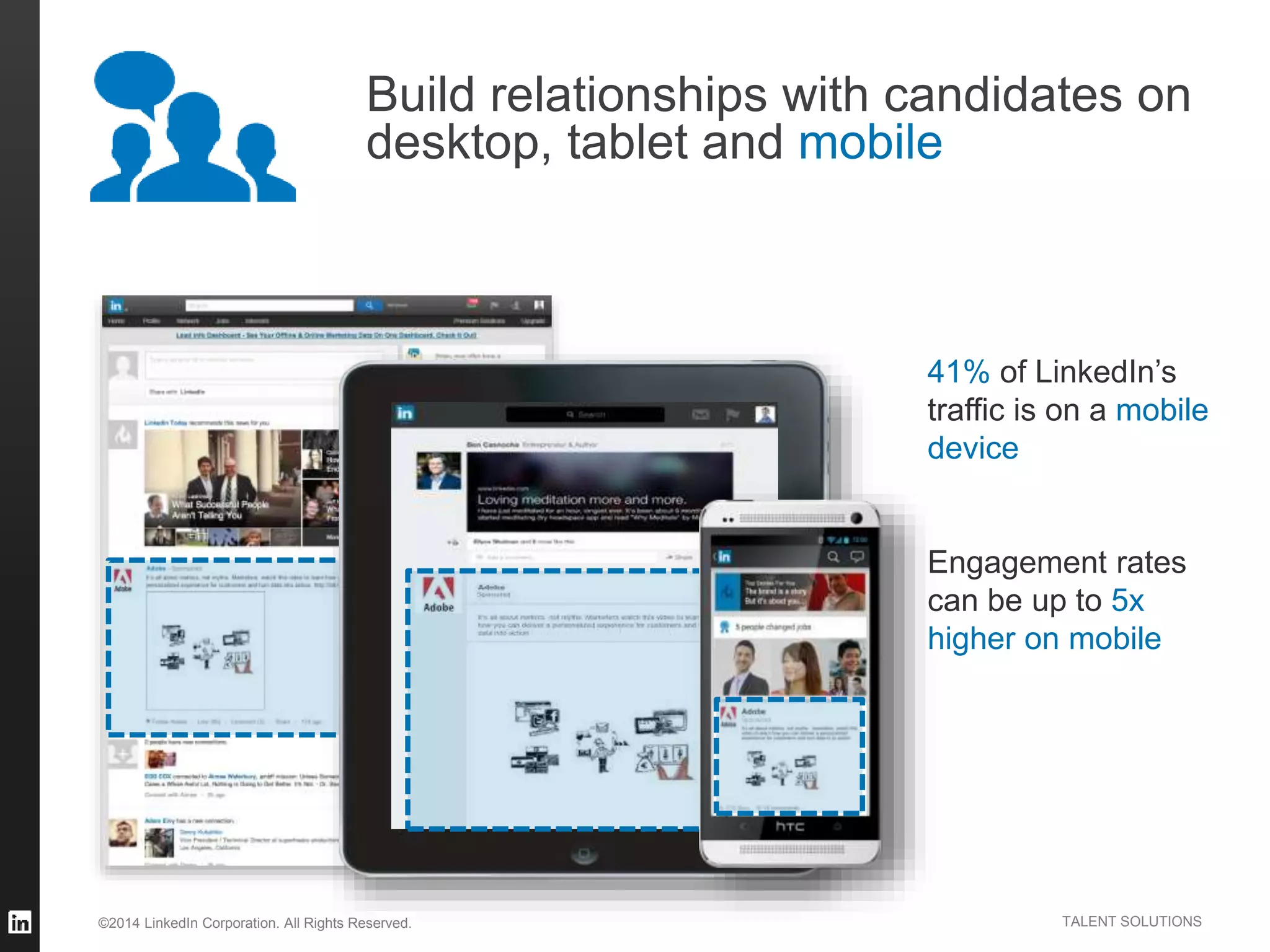 ©2014 LinkedIn Corporation. All Rights Reserved. TALENT SOLUTIONS
Build relationships with candidates on
desktop, tablet and mobile
41% of LinkedIn’s
traffic is on a mobile
device
Engagement rates
can be up to 5x
higher on mobile
 