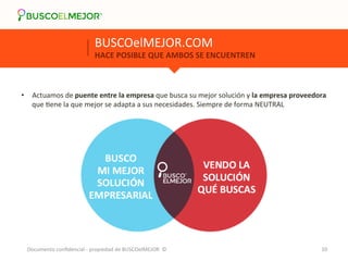 BUSCOelMEJOR.COM 
HACE 
POSIBLE 
QUE 
AMBOS 
SE 
ENCUENTREN 
• Actuamos 
de 
puente 
entre 
la 
empresa 
que 
busca 
su 
mejor 
solución 
y 
la 
empresa 
proveedora 
que 
Rene 
la 
que 
mejor 
se 
adapta 
a 
sus 
necesidades. 
Siempre 
de 
forma 
NEUTRAL 
Documento 
confidencial 
-­‐ 
propiedad 
de 
BUSCOelMEJOR 
© 
10 
 