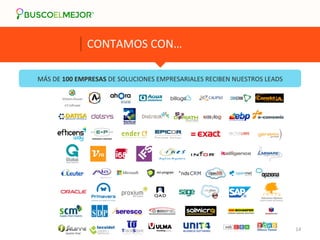MÁS 
DE 
CONTAMOS 
CON… 
100 
EMPRESAS 
DE 
SOLUCIONES 
EMPRESARIALES 
RECIBEN 
NUESTROS 
LEADS 
propiedad 
de 
BUSCOelMEJOR 
© 
14 
 