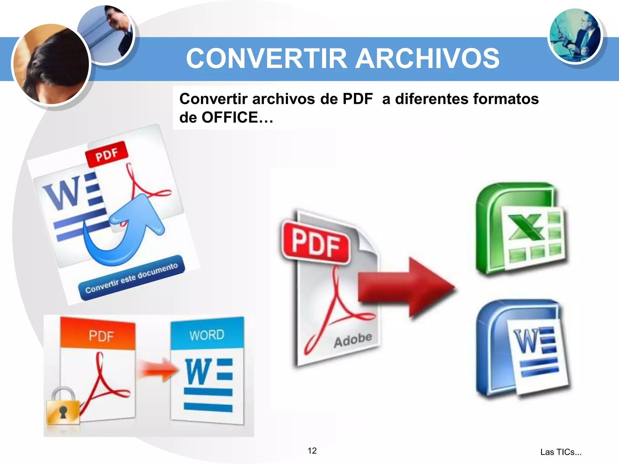 CONVERTIR ARCHIVOS
Convertir archivos de PDF a diferentes formatos
de OFFICE…

12

Las TICs...

 