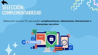 SELECCIÓN:
COMPLEMENTARIEDAD
Seleccionar recursos TIC que puedan complementarse, relacionarse, interaccionar o
interactuar con otros
 
