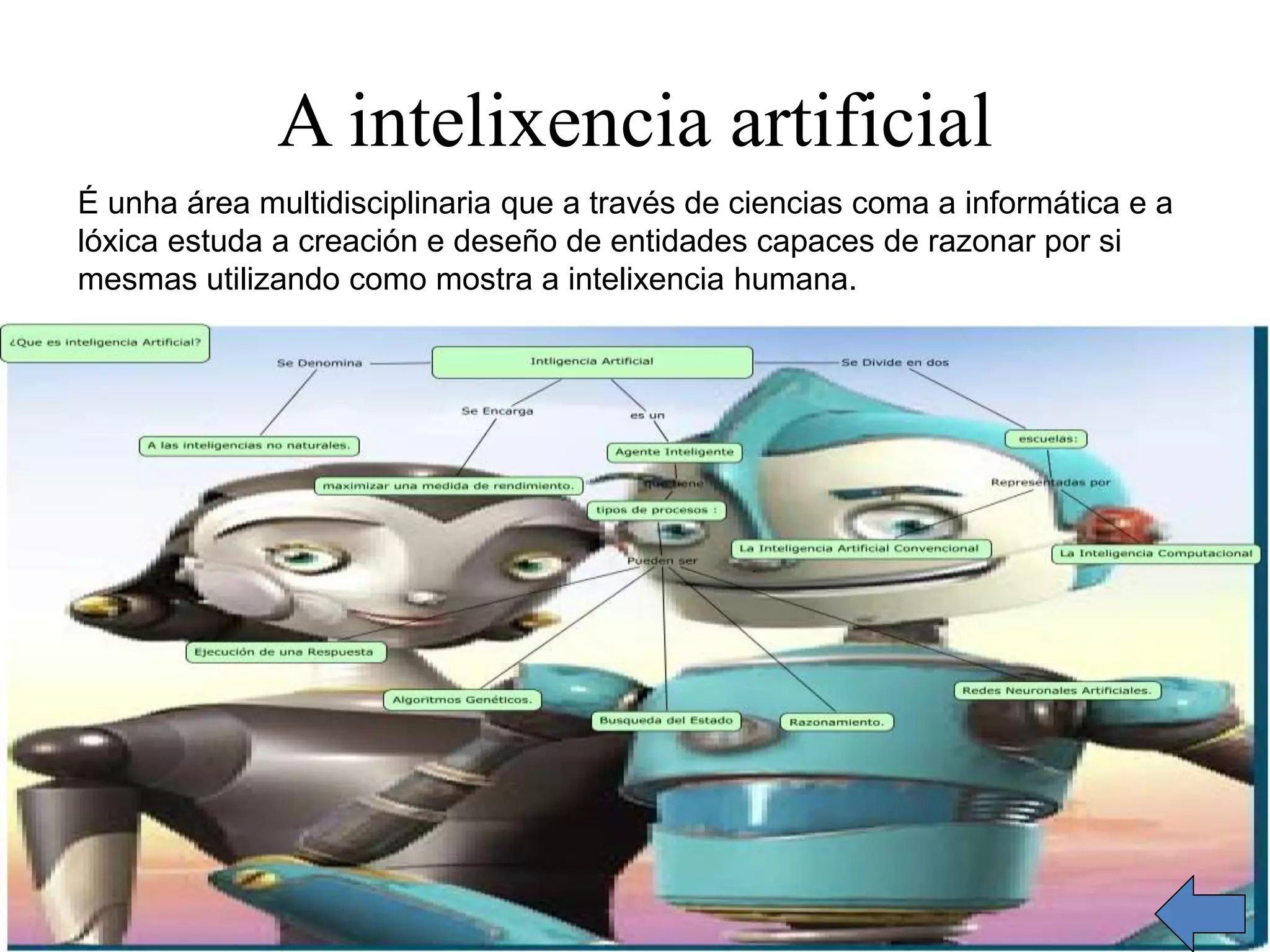 A intelixencia artificial 
É unha área multidisciplinaria que a través de ciencias coma a informática e a 
lóxica estuda a creación e deseño de entidades capaces de razonar por si 
mesmas utilizando como mostra a intelixencia humana. 
 