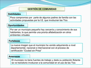 Poco compromiso por  parte de algunos padres de familia con las actividades propuestas por la I.E. que involucran las Tics  La nueva imagen que el municipio ha venido adquiriendo a nivel departamental, nacional e internacional con el proceso de certificación “Ciudad sin Prisa ”  El municipio no tiene fuentes de trabajo y dada su población flotante se ve transitorio involucrar a la comunidad en el uso de las Tics Por ser un municipio pequeño hay cercanía y conocimiento de sus habitantes, lo que permite una pronta alfabetización en otros ambientes virtuales GESTIÓN DE COMUNIDAD Debilidades Oportunidades Fortalezas Amenazas 
