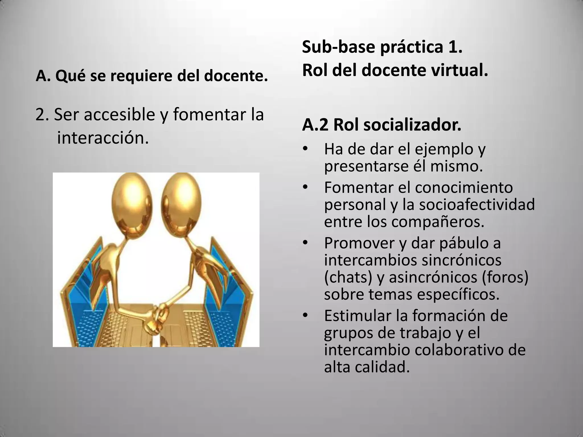 Sub-base práctica 1.
A. Qué se requiere del docente.   Rol del docente virtual.

2. Ser accesible y fomentar la
                                  A.2 Rol socializador.
   interacción.
                                  • Ha de dar el ejemplo y
                                    presentarse él mismo.
                                  • Fomentar el conocimiento
                                    personal y la socioafectividad
                                    entre los compañeros.
                                  • Promover y dar pábulo a
                                    intercambios sincrónicos
                                    (chats) y asincrónicos (foros)
                                    sobre temas específicos.
                                  • Estimular la formación de
                                    grupos de trabajo y el
                                    intercambio colaborativo de
                                    alta calidad.
 