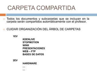 CARPETA COMPARTIDA
 Todos los documentos y subcarpetas que se incluyan en la
carpeta serán compartidos automáticamente con el profesor.
 CUIDAR ORGANIZACIÓN DEL ÁRBOL DE CARPETAS
1EV
KDENLIVE
STOPMOTION
WINK
PRESENTACIONES
WEB – FTP
BASES DE DATOS
2EV
HARDWARE
…
…
 