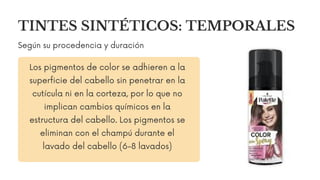 Los pigmentos de color se adhieren a la
superficie del cabello sin penetrar en la
cutícula ni en la corteza, por lo que no
implican cambios químicos en la
estructura del cabello. Los pigmentos se
eliminan con el champú durante el
lavado del cabello (6-8 lavados)
TINTES SINTÉTICOS: TEMPORALES
Según su procedencia y duración
 