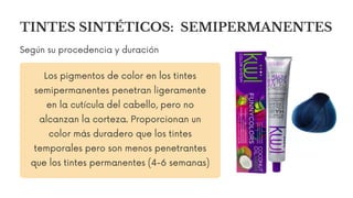 Los pigmentos de color en los tintes
semipermanentes penetran ligeramente
en la cutícula del cabello, pero no
alcanzan la corteza. Proporcionan un
color más duradero que los tintes
temporales pero son menos penetrantes
que los tintes permanentes (4-6 semanas)
Según su procedencia y duración
TINTES SINTÉTICOS: SEMIPERMANENTES
 