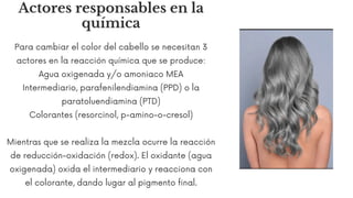 Para cambiar el color del cabello se necesitan 3
actores en la reacción química que se produce:
Agua oxigenada y/o amoniaco MEA
Intermediario, parafenilendiamina (PPD) o la
paratoluendiamina (PTD)
Colorantes (resorcinol, p-amino-o-cresol)
Mientras que se realiza la mezcla ocurre la reacción
de reducción-oxidación (redox). El oxidante (agua
oxigenada) oxida el intermediario y reacciona con
el colorante, dando lugar al pigmento final.
Actores responsables en la
química
 