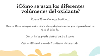 ¿Cómo se usan los diferentes
volúmenes del oxidante?
Con un 3% se añade profundidad.
Con un 6% se consigue cobertura de los cabellos blancos y se logra aclarar un
tono el cabello.
Con un 9% se puede aclarar de 2 a 3 tonos.
Con un 12% se alcanza de 3 a 4 tonos de aclarado.
 