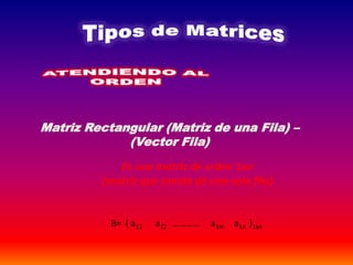 Matriz Rectangular (Matriz de una Fila) –
(Vector Fila)
Es una matriz de orden 1xn
(matriz que consta de una sola fila)
B= ( a11 a12 ………… a1m a1n )1xn
 
