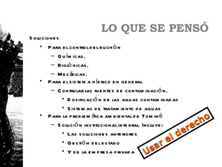 LO QUE SE PENSÓ
S olu cione s
     • P ara e l control d e l b u ch ó n
         – Q u ím icas .
         – Bioló gicas .
         – M e cá nicas .
     • P ara e l s is te m a h íd rico e n ge ne ral
         – C ontrolar las fu e nte s d e contam inació n.
              • D os ificació n d e las agu as contam inad as
              • S is te m as d e tratam ie nto d e agu as
     • P ara la p rob le m á tica am b ie ntal d e Tom in é
                                                                     ho
         – S olu ció n ins titu cional inte gral. Inclu ye :      ec
                                                                er
                                                             ld
              • Las s olu cione s ante riore s
              • G e s tió n d e l e s tad o               re
              • Y d e la e m p re s a p rivad a      Usa
 