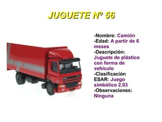 JUGUETE Nº 56

        -Nombre: Camión
        -Edad: A partir de 6
        meses
        -Descripción:
        Juguete de plástico
        con forma de
        vehículo
        -Clasificación
        ESAR: Juego
        simbólico 2.03
        -Observaciones:
        Ninguna
 
