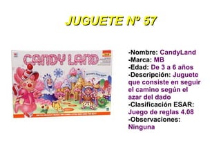 JUGUETE Nº 57

        -Nombre: CandyLand
        -Marca: MB
        -Edad: De 3 a 6 años
        -Descripción: Juguete
        que consiste en seguir
        el camino según el
        azar del dado
        -Clasificación ESAR:
        Juego de reglas 4.08
        -Observaciones:
        Ninguna
 