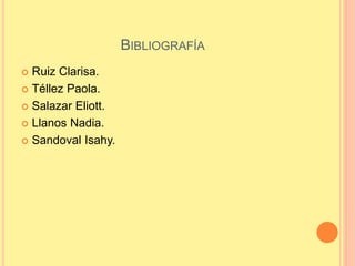 BIBLIOGRAFÍA
 Ruiz Clarisa.
 Téllez Paola.
 Salazar Eliott.
 Llanos Nadia.
 Sandoval Isahy.
 