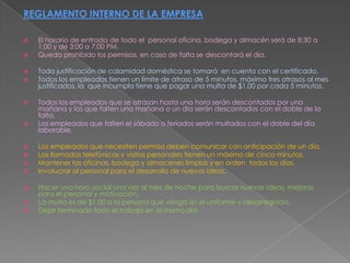 REGLAMENTO INTERNO DE LA EMPRESAEl horario de entrada de todo el  personal oficina, bodega y almacén será de 8:30 a 1:00 y de 3:00 a 7:00 PM.Queda prohibido los permisos, en caso de falta se descontará el día.Toda justificación de calamidad doméstica se tomará  en cuenta con el certificado.Todos los empleados tienen un límite de atraso de 5 minutos, máximo tres atrasos al mes justificados, la  que incumpla tiene que pagar una multa de $1.00 por cada 5 minutos.Todos los empleados que se atrasan hasta una hora serán descontados por una mañana y los que falten una mañana o un día serán descontados con el doble de la falta.Los empleados que falten el sábado o feriados serán multados con el doble del día laborable.Los empleados que necesiten permiso deben comunicar con anticipación de un día.Las llamadas telefónicas y visitas personales tienen un máximo de cinco minutos.Mantener las oficinas, bodega y almacenes limpias y en orden  todos los días.Involucrar al personal para el desarrollo de nuevas ideas.Hacer una hora social una vez al mes de noche para buscar nuevas ideas, mejoras para el personal y motivación.La multa es de $1.00 a la persona que venga sin el uniforme y desarreglada.Dejar terminado todo el trabajo en el mismo día.