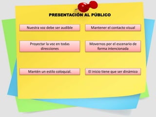 PRESENTACIÓN AL PÚBLICO
Nuestra voz debe ser audible
Proyectar la voz en todas
direcciones
Mantén un estilo coloquial.
Mantener el contacto visual
Movernos por el escenario de
forma intencionada
El inicio tiene que ser dinámico
 