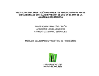 PROYECTO: IMPLEMENTACIÓN DE PAQUETES PRODUCTIVOS DE PECES
ORNAMENTALES CON MAYOR PRESIÓN DE USO EN EL SUR DE LA
AMAZONIA COLOMBIANA
JAMES NORBAYRON DÍAZ CERÓN
ARGEMIRO LOAIZA LONDOÑO
FARNERY ZAMBRANO BENAVIDES
MODULO: ELABORACIÓN Y GESTIÓN DE PROYECTOS
 