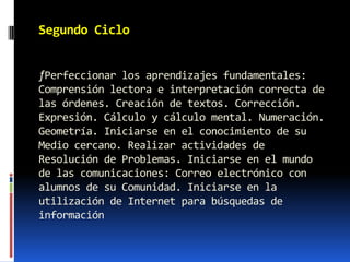 Segundo Ciclo


ƒPerfeccionar los aprendizajes fundamentales:
Comprensión lectora e interpretación correcta de
las órdenes. Creación de textos. Corrección.
Expresión. Cálculo y cálculo mental. Numeración.
Geometría. Iniciarse en el conocimiento de su
Medio cercano. Realizar actividades de
Resolución de Problemas. Iniciarse en el mundo
de las comunicaciones: Correo electrónico con
alumnos de su Comunidad. Iniciarse en la
utilización de Internet para búsquedas de
información
 